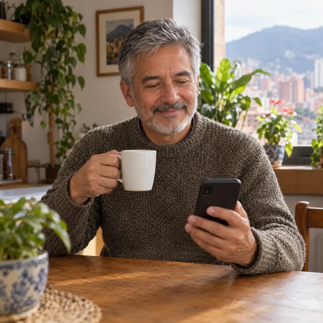Propietario tomando café mientras revisa su celular con tranquilidad en su casa