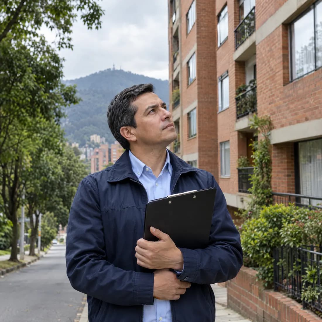 Perito observando la fachada de un edificio de ladrillo en Bogotá con una carpeta en las manos
