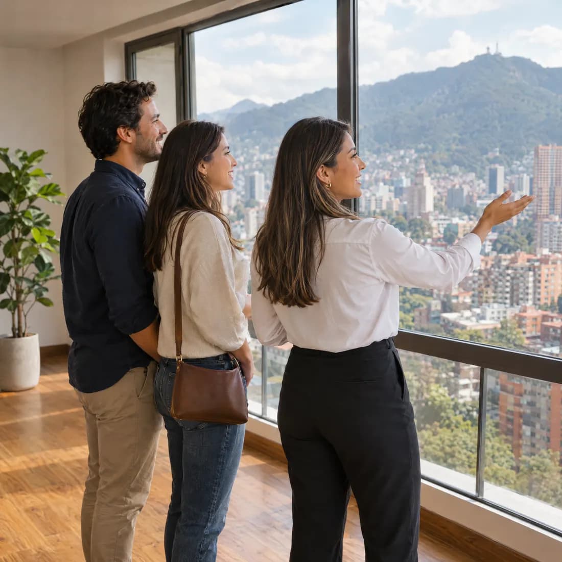 Asesora mostrando a una pareja la vista de Bogotá desde la ventana de un apartamento