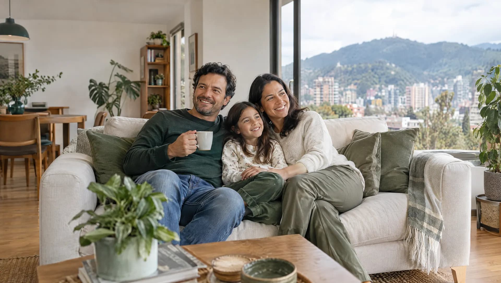 Familia sonriendo en la sala de su apartamento en Bogotá, con los cerros al fondo