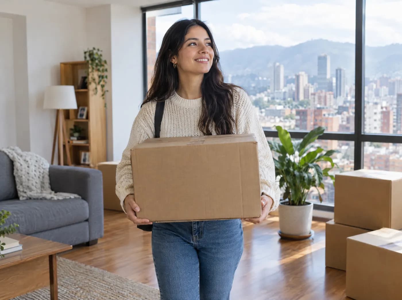 Mujer llegando con una caja de trasteo a un apartamento luminoso