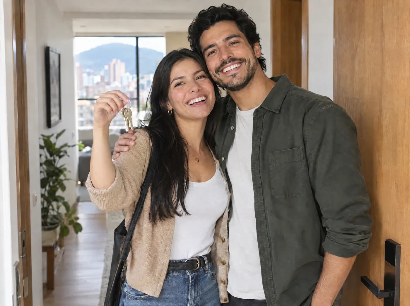 Pareja sonriendo en la puerta de su nuevo apartamento con las llaves en la mano